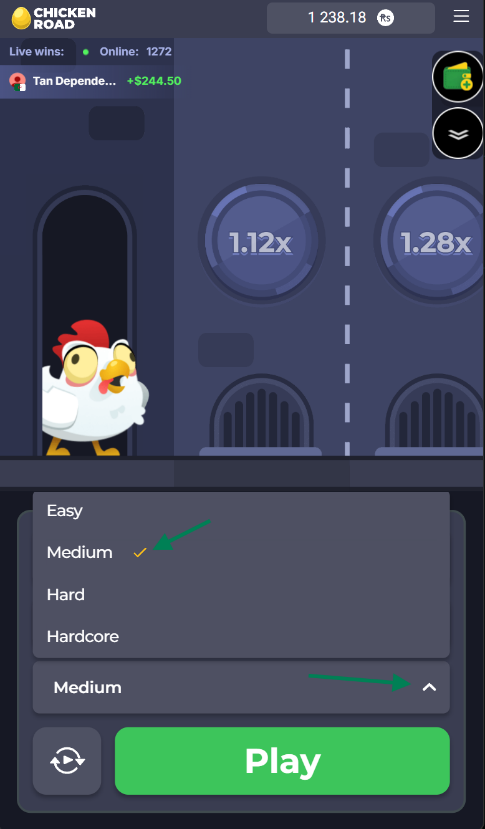 Chicken Road mode dropdown open showing Easy, Medium, Hard and Hardcore options with Medium ticked